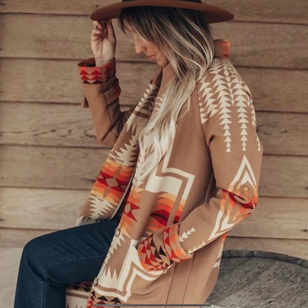 Boho Western Print Native Peacoat Camel Orange - Picture 1 of 5